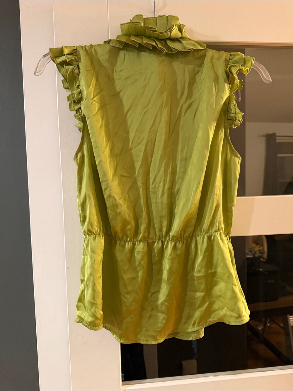 Ruffled Tie-Neck Sleeveless Blouse - Olive Green - Picture 2 of 3